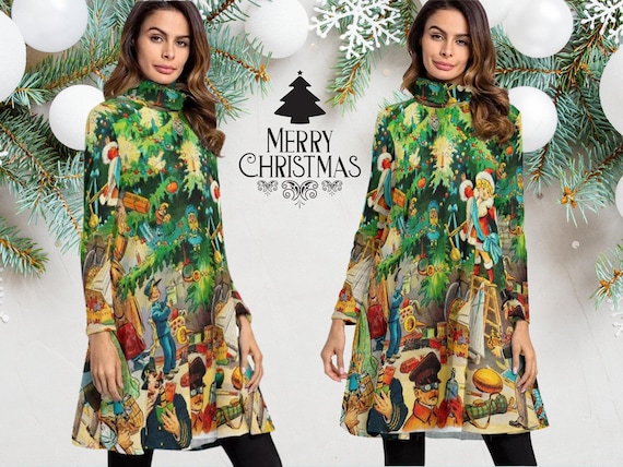 Vintage Victorian Christmas Sweater Dress, 1902 Lithograph Women's Turtleneck D