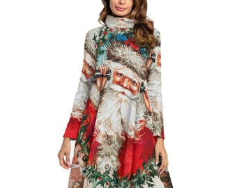 Santa Calls Vintage Christmas Image Women's High Neck Dress With Long Sleeve ++Y
