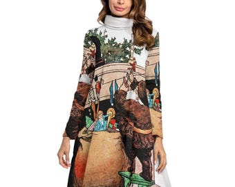 Hanging the Stockings Vintage Christmas Litho Women's High Neck Dress With Long Sleeve ++Y