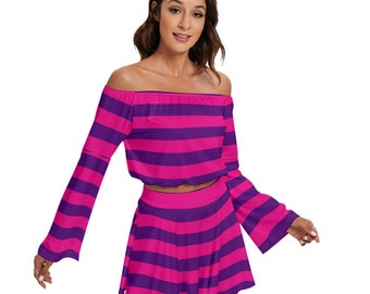 Cheshire Cat Alice in Wonderland Women's Off-shoulder Top And Skirt Set