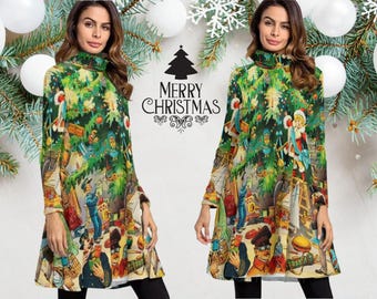 Vintage Victorian Christmas Sweater Dress,  1902 Lithograph Women's Turtleneck D