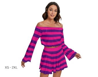 Alice in Wonderland Cheshire Cat All-Over Print Women's Off-shoulder Top And Skirt Set,