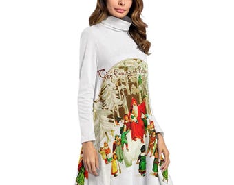 Father Christmas Vintage Litho Women's High Neck Dress With Long Sleeve ++Y