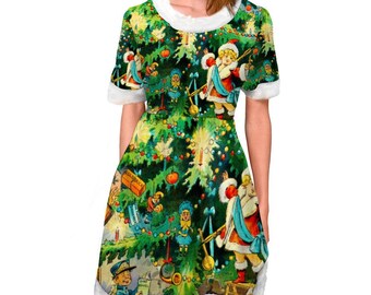 Vintage Christmas Women's Round Neck Stylish Short Sleeve Dress ++Y