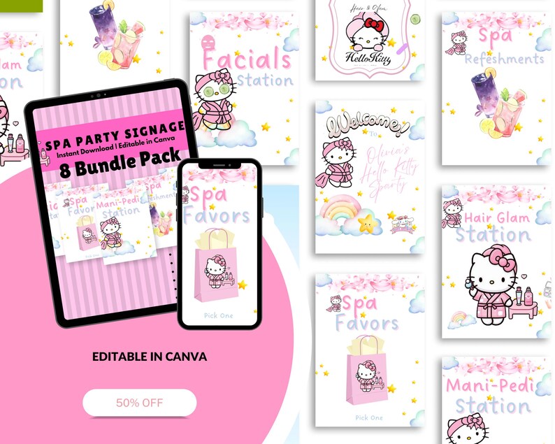 Rainbow Kitten Spa Party Signage | 8-piece Bundle | Editable in Canva ...