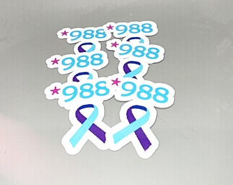 May include: Six white stickers with a blue and purple ribbon design. Each sticker has a pink star and the text *988*988.