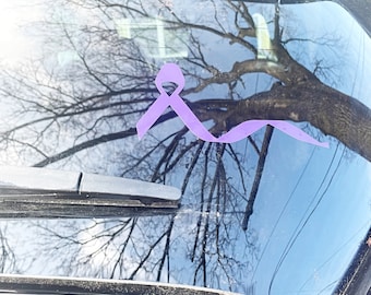 May include: A purple ribbon sticker on a car window, reflecting a tree and a blue sky.
