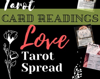 Puede incluir: Un paquete de descargas digitales de lecturas de cartas de tarot para el amor, con un diseño floral y el texto "Love Tarot Spread Bundle by SILVER ACORNS On Etsy".