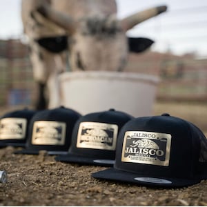 May include: Four black trucker hats with gold embroidered patches. The patches feature a stylized eagle design and the text "Jalisco, Mexico".