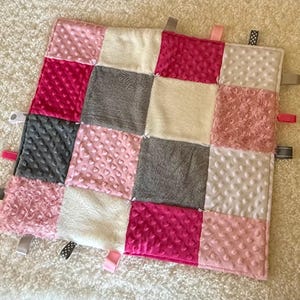 Pink Gray Patchwork Sensory Tag Blanket | Minky Baby Lovey, Tummy Time Mat