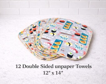 Set of 12 Sushi Print Unpaper Towels | Double-Sided Flannel Kitchen Cloths | Morhers Day