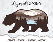 Mountain Bear Svg - Bear Svg Files For Cricut - Mountain Svg - Pine Tree Svg - Camping Svg - Layered Svg - Bear Clipart Iron On Transfer