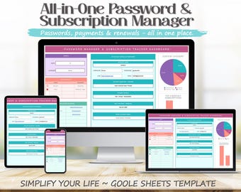 Password Manager And Subscription Tracker Google Sheets Template, Digital Account Organizer Spreadsheet