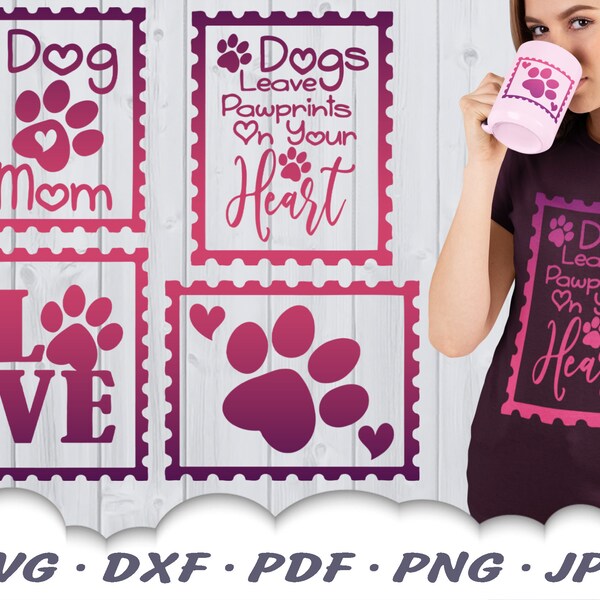 Bundle SVG de timbres chien maman - empreinte de patte timbres-poste fichiers Svg pour Cricut - empreinte de patte coeur citation Svg - Svg de maman chien - fichiers Svg d'impression de patte de chien