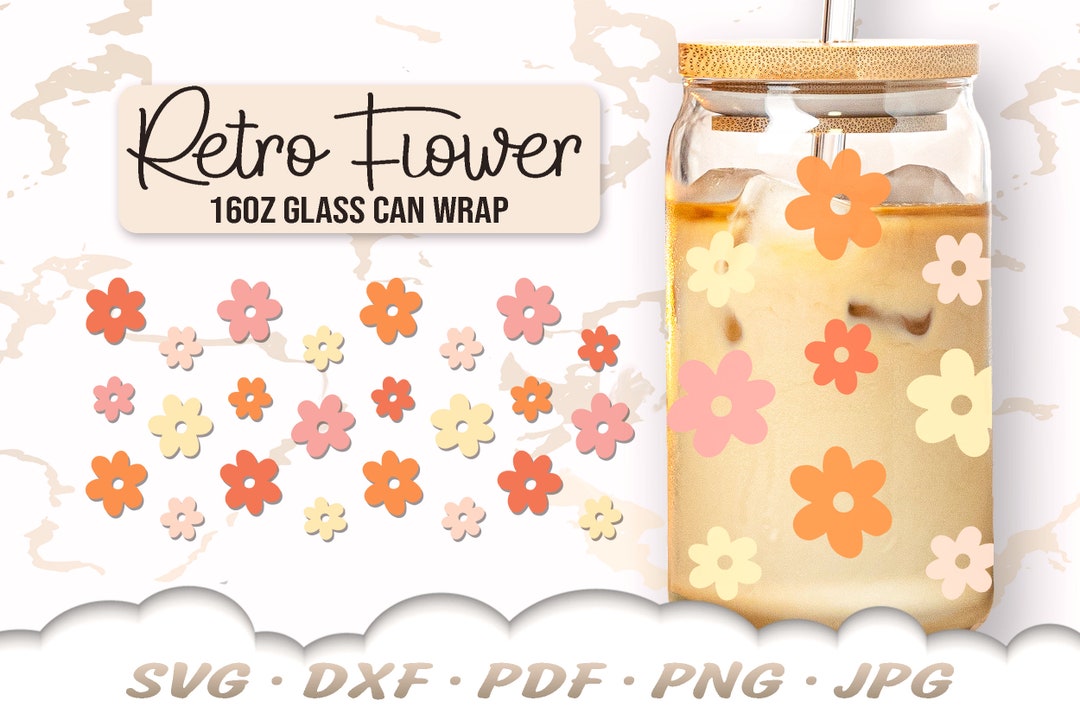 Retro Flower Glass Can SVG - 16oz Glass Can Wrap Svg - Retro Flowers ...