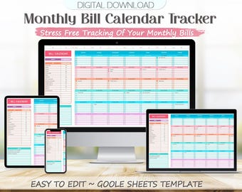 Monthly Bill Calendar Tracker Google Sheets: Planner Spreadsheet, Digital Organizer