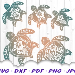 Paquete SVG de tortuga con vibraciones hawaianas: archivos de tortuga para Cricut: tortuga SVG de Hawaii, Svg de hibisco, Svg de playa, paquete de archivos de corte de vacaciones en Hawái