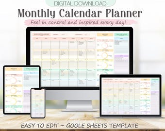 Monthly Calendar Google Sheets Spreadsheet: Daily Task Planner Template, Digital Calendar 2025