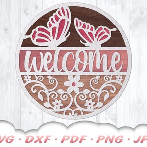 Schmetterling Willkommens-Schild-Svg - Willkommens-Svg-Dateien für Cricut - Schmetterlings-Svg - Blumen-Svg - Tür-Aufhänger-Svg - Frühlingsschild-Svg - Haustürschild