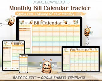 Bee Theme Bill Calendar Google Sheets Spreadsheet: Monthly Bill Tracker Organizer