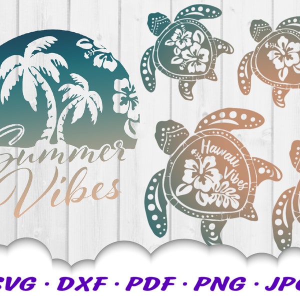 Summer Vibes Beach Hibiscus SVG Bundle - fichiers tortue pour Cricut - tortue SVG - Hibiscus Svg - plage - Hawaii vacances coupe fichiers Bundle