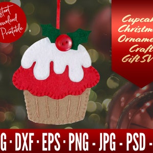 Modello di cucito per ornamenti di cupcake di Natale SVG - File SVG per ornamenti alimentari in feltro per Cricut - File di taglio per decorazioni di cupcake con motivo di ornamenti alimentari in feltro