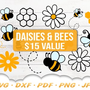 Daisy Bee SVG Bundle - Bee Svg - Daisy Svg - Honeycomb Svg - Bee Png - Floral Bee Svg - Bumble Bee Svg - Bee Clipart - Flower Svg - Cricut