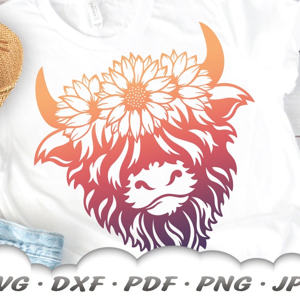 Floral Highland Cow SVG - Cow Svg - Cow Head Svg - Sunflower Svg - Cow Shirt - Farm Svg - Highland Cow Png - Svg Files For Cricut Silhouette