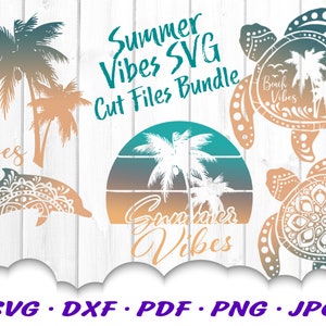 Paquete SVG de tortuga de verano con vibraciones de playa - SVG de vibraciones de playa - Archivos SVG de tortuga para Cricut - Mandala Turtle Svg - Clip Art de playa de verano Dxf