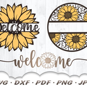 Pacote Svg de girassol - Placa de boas-vindas de girassol Svg - Cabide de porta de girassol Svg - Placa de porta de girassol - Decoração de girassol - Placa de girassol Svg