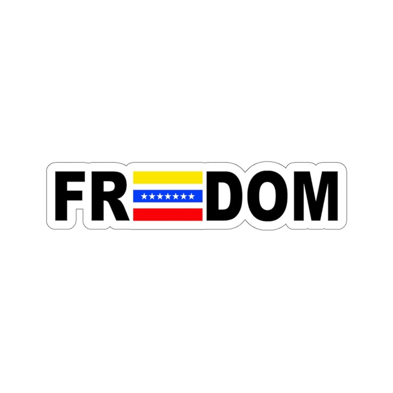 May include: A black and white sticker with the word "FREEDOM" in bold black letters. The "E" is replaced with the Venezuelan flag, which is yellow, blue, and red with seven white stars.