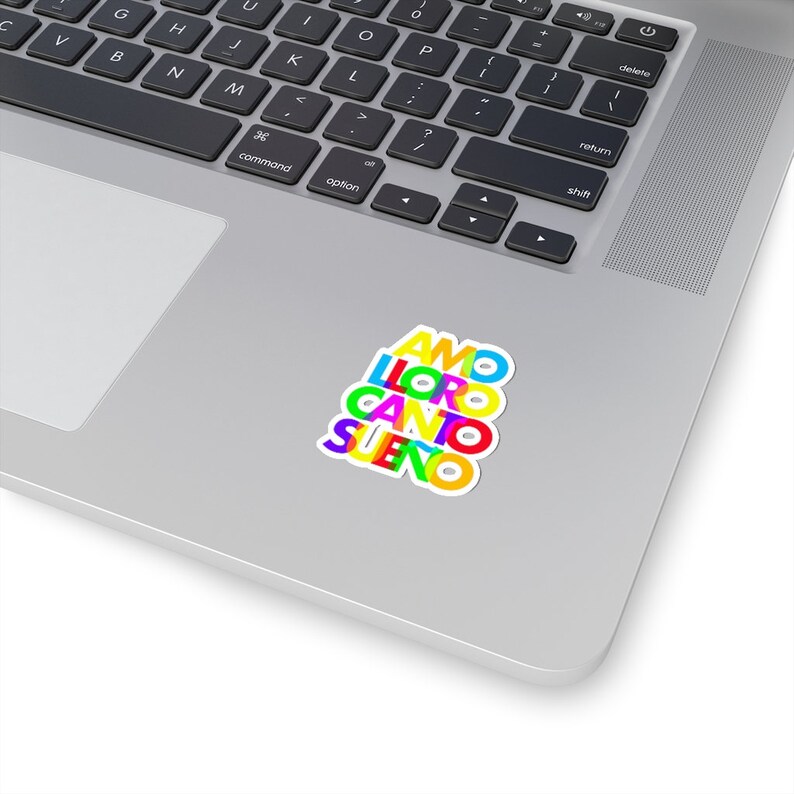 May include: A sticker with the words "AMO", "LLORO", "CANTO", and "SUENO" stacked on top of each other. The words are in different colors, including red, orange, yellow, green, blue, and purple.