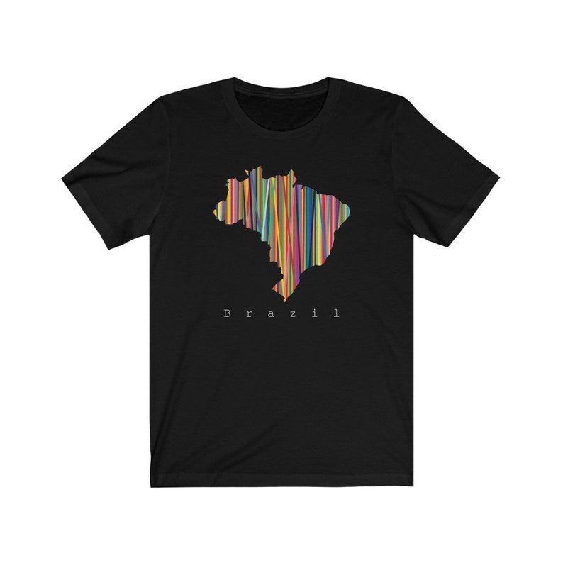 May include: Black t-shirt with a colorful outline of the map of Brazil and the word "Brazil" printed in white below the map.