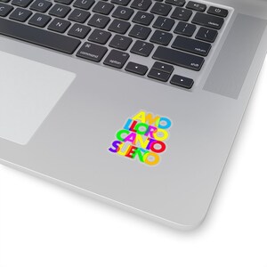 May include: A sticker with the words "AMO", "LLORO", "CANTO", and "SUENO" stacked on top of each other. The words are in different colors, including red, orange, yellow, green, blue, and purple.