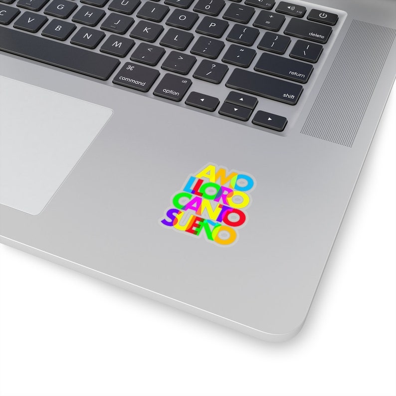 May include: A sticker with the words "AMO", "LLORO", "CANTO", and "SUENO" stacked on top of each other. The words are in different colors, including red, orange, yellow, green, blue, and purple.