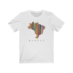 May include: White t-shirt with a colorful outline of the map of Brazil and the word "Brazil" printed in black below the map.