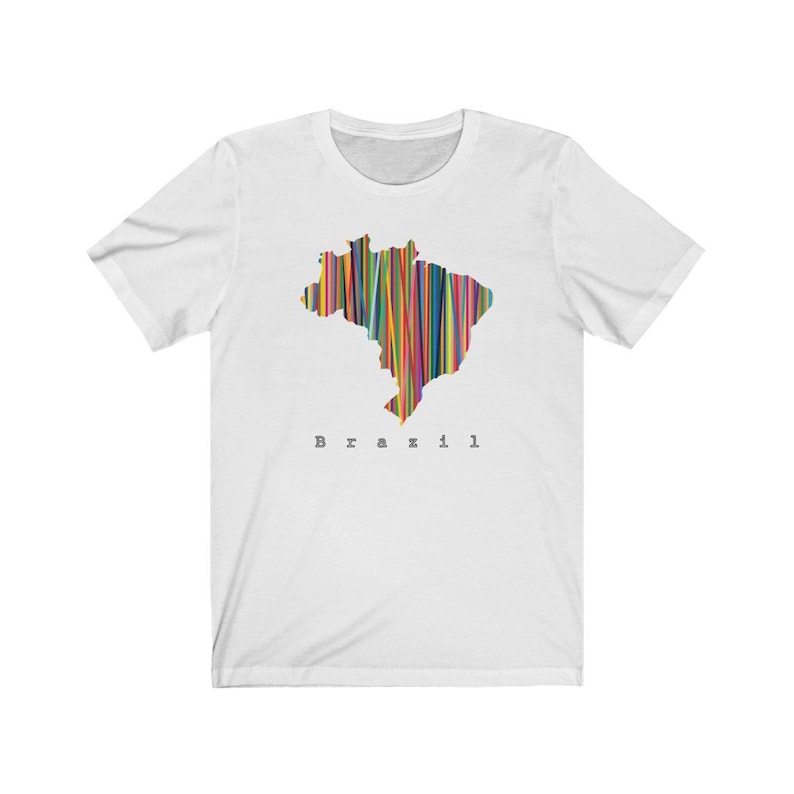 May include: White t-shirt with a colorful outline of the map of Brazil and the word "Brazil" printed in black below the map.