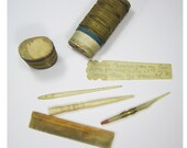 Antique Etui Wrapped with Gold Colored Wire, Comb, Needle, Feather Pen, Inscriptions 1871 1919, lady 39 s companion