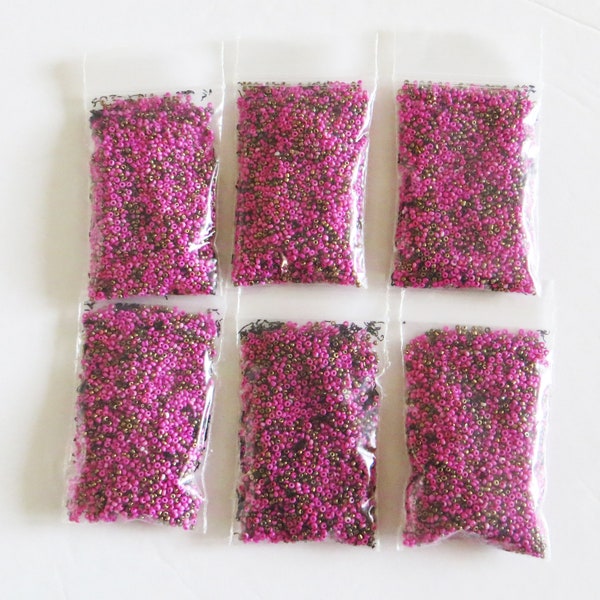 Vintage BEADS 6 BAGS, small seed beads, mix of fuchsia pink & gray, about 21 bpi, about 196 grams, Haertig collection