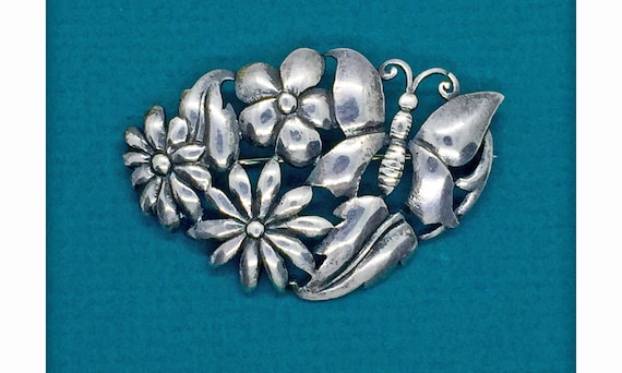 STERLING BAURING BROOCH pin,  Butterfly & Flowers… - image 2