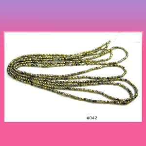 Tiny Vintage Metal Beads “Gold” Mix  26 bpi, faceted, some round, removed from antique purses, brass, 36&quot; strand, Haertig collection, #042