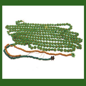 Vintage Tiny Beaded Daisy Chain, teeny green & yellow seed beads, 54&quot; long, sautoir necklace, 1920s, Haertig collection