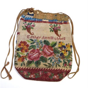 Esther Ann Hubbell Antique RETICULE, purse, roses, micro beads, drawstring bag, 1800s, Victorian, Haertig collection