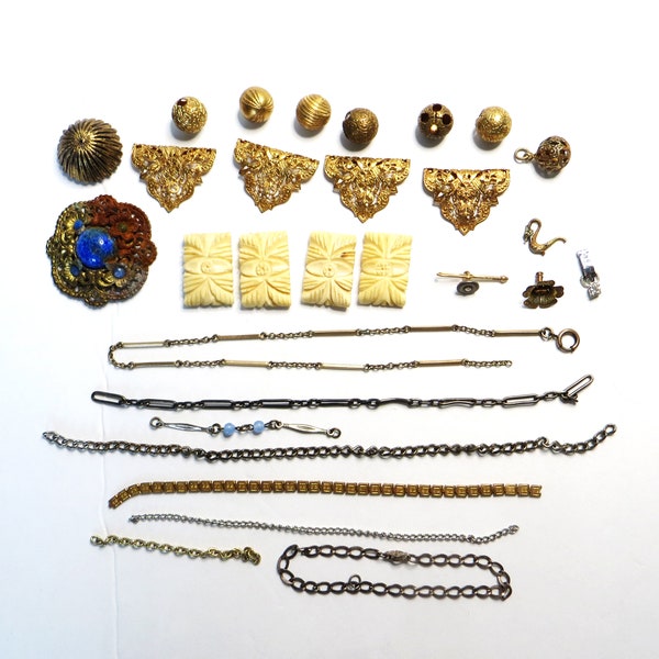 GRAB BAG #12, Miscellaneous Jewelry Pieces, Chain, Brass Beads, Brooch, Carved Bone Beads, Stampings, crafting, jewelry making, repurpose