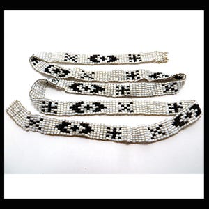 Vintage Beaded Band Hand Loomed Woven, 7/16&quot; wide, 26&quot; long, white and dark brown seed beads,  geometric designs, bead work   #085