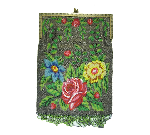 Large Czech Floral MICROBEADED PURSE, roses, colle