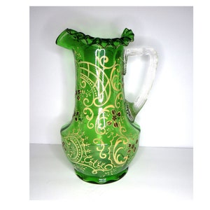 Green Depression Glass Pitcher, hand painted, ruffled edge, clear handle, Haertig collection