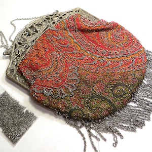 Victorian PAISLEY SHAWL Purse, beaded with cut steel beads, ornate frame, new lining, Haertig collection