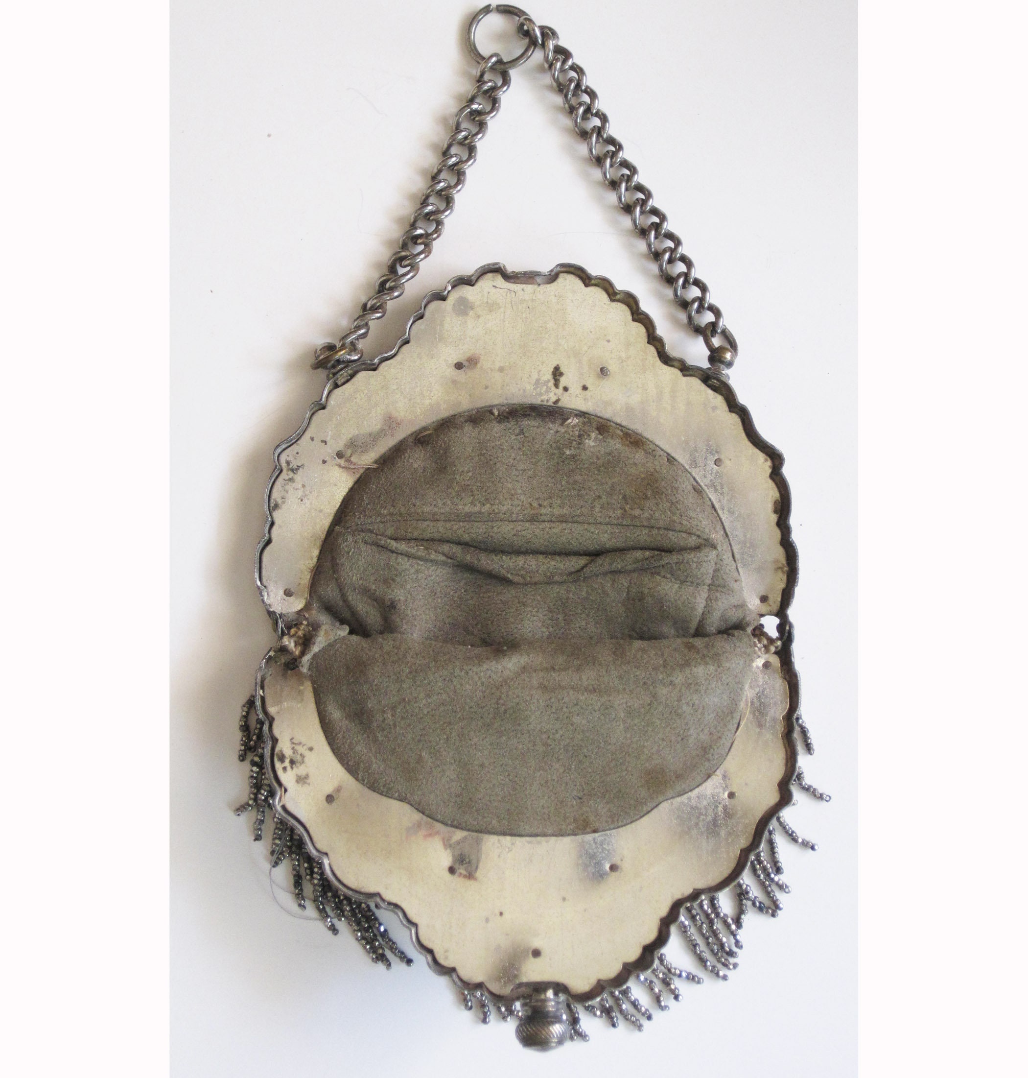 1910s Steel Cut Bead Purse Antique Chatelaine Black Beaded Bag Art Nouveau  Silver Tennis Racket Frame