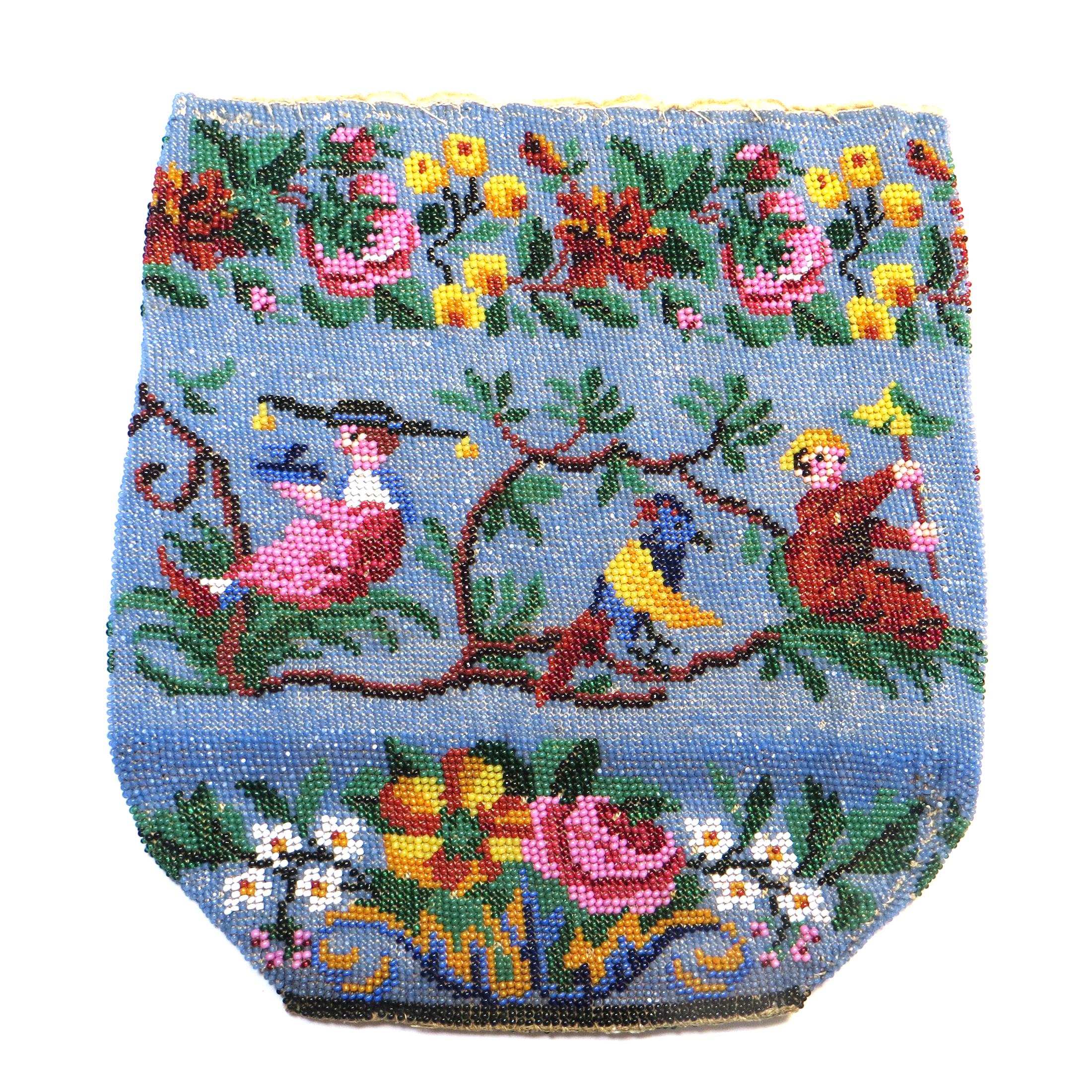Antique Beaded Reticule, Figures, Bird, Flowers, micro glass seed beads, lined, excellent vintage condition, Haertig collection
